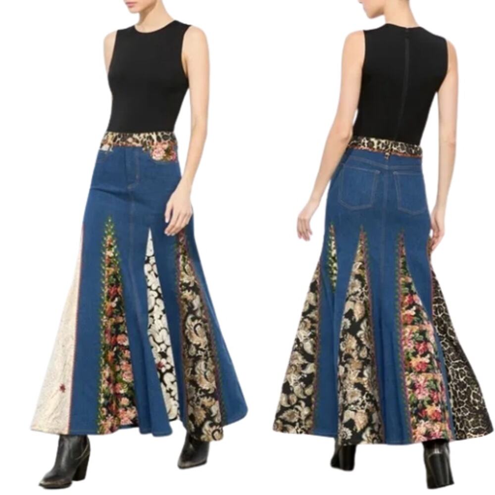 NEW Alice + Olivia Nala Mixed Media Denim Floral Pattern Maxi Skirt Blue Size: 0